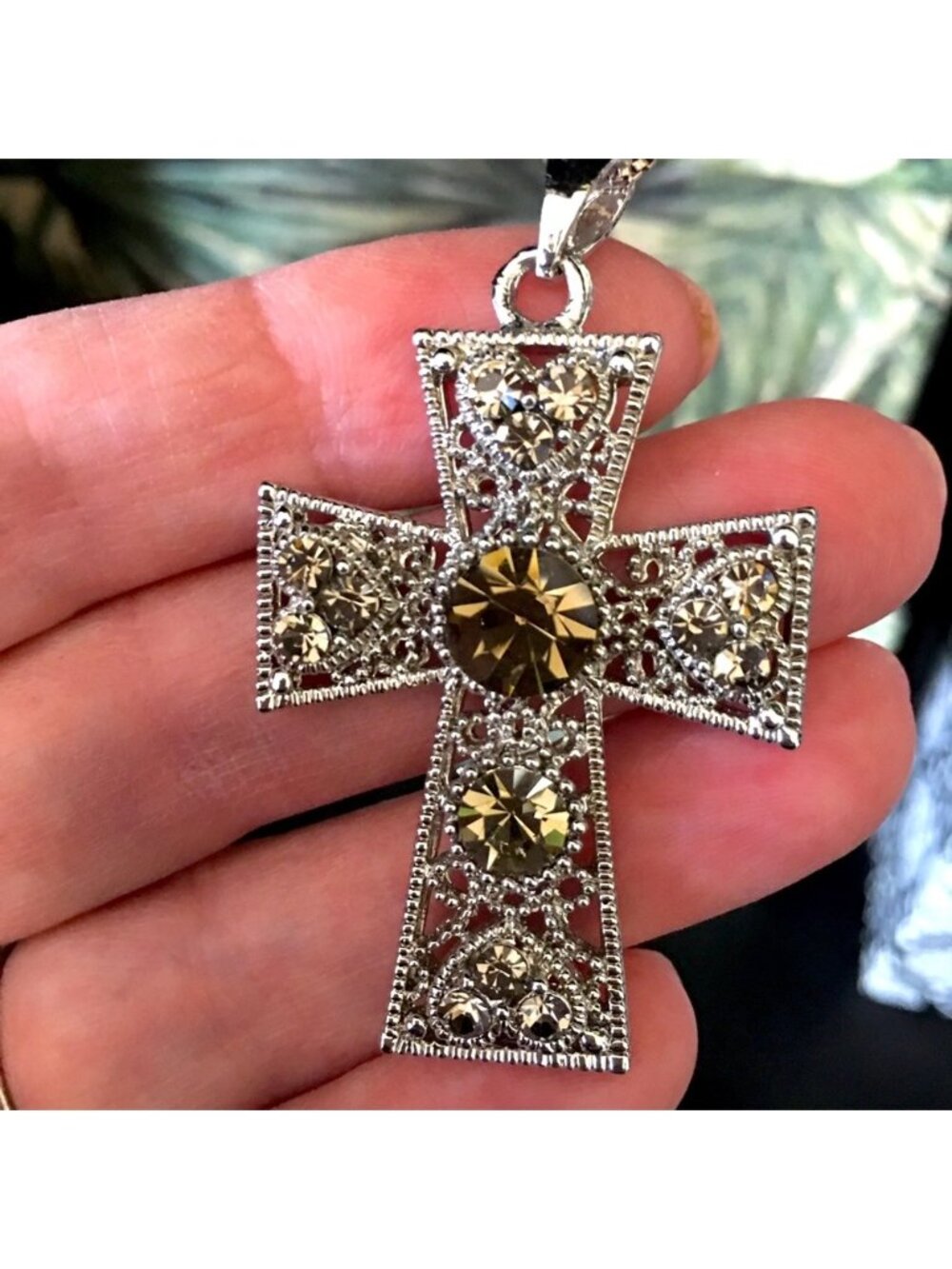 Cross Pendant Silver-tone Filigree With Amber Crystal Stones